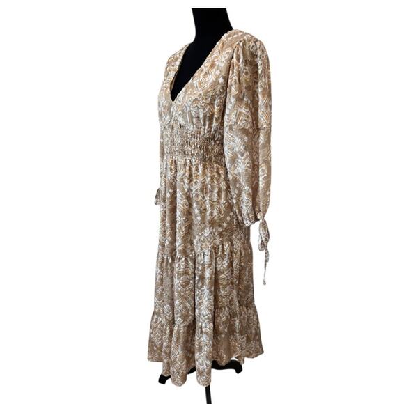 New CUPIO Bloomingdale's Women's Tan Orla V Neck Smocked Dress Size M - Picture 5 of 10